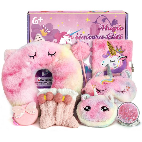 G.C Unicorn Gifts for Girls Toys 6 7 8 9 10 Year Old Kids, Tie-Dye Travel Neck Pillow Stuffed Animal/Mirror/Plush Lock Diary/Eye Mask/Crossbody Bag/Purse/Sock, Age 6-12 Teen Girl Birthday Gift Ideas