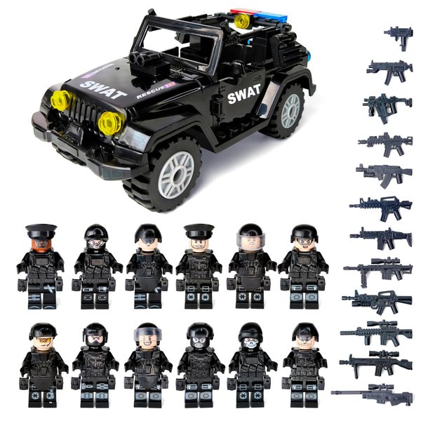 Toysvill SWAT Military Police Building Block Set for Kids | SUV + Soldiers Minifigures (12 PCS) with Weapons and Accessories Gift