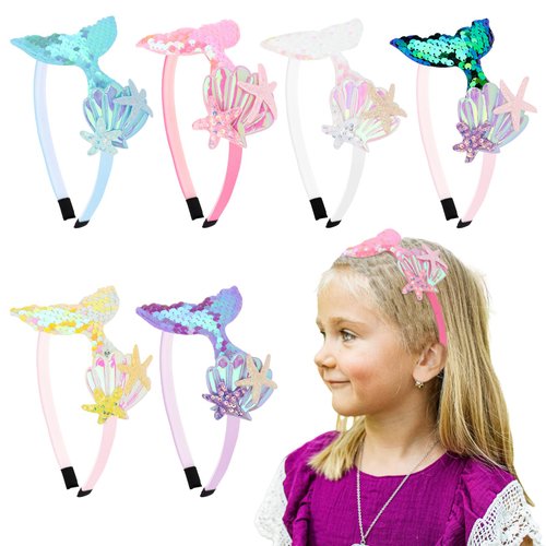 YARIEW 6 Pcs Mermaid Tail Headbands for Girls Mermaid Headband for Little Girl Hair Accessories Glitter Sequins Mermaid Tail Starfish for Mermaid Party Decorations Gifts (Set 2)