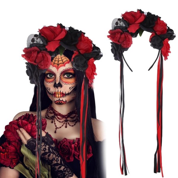 HANSAMU Mexican Flower Headband Day of the Dead Rose Floral Crown Headpiece for Women Girls Halloween Costume Bridal Cosplay (Black Red)
