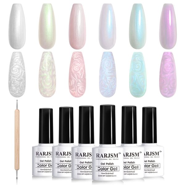 RARJSM Pearl Gel Nail Polish Set 6 Colors Pearlescent Shell Glitter White Gold Pink Green Purple Shimmer Mermaid Nail Polish Soak Off LED UV Curing Requires Swirl Thread Effect DIY Manicure Use