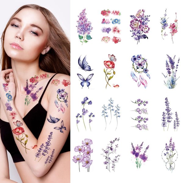 CARGEN Watercolor Flower Temporary Tattoo -16 Sheets of Lavender Small Flower Violet Butterfly Fake Tattoo Waterproof Art for Children Girls Women Face Body Arms