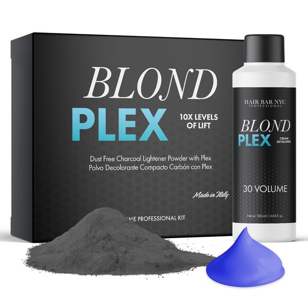 HAIR BAR NYC Blond Plex Extreme 10X Lightener + 30 Volume Anti-Yellow Violet Developer Kit - Black/Charcoal Dust-Free Hair Bleach with Keratin & Bond Building, Cool-Toned, Bright Finish Kit 60g/2.11oz