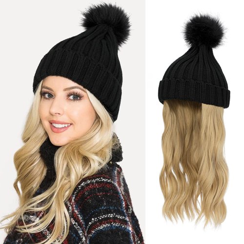 Lansigreen Hat Wig Beanie Hat with Hair Long Wavy Hair Extensions Knit Rib Pom Hat Attached 14" Curly Synthetic Hairpiece for Women Winter Ash Blonde