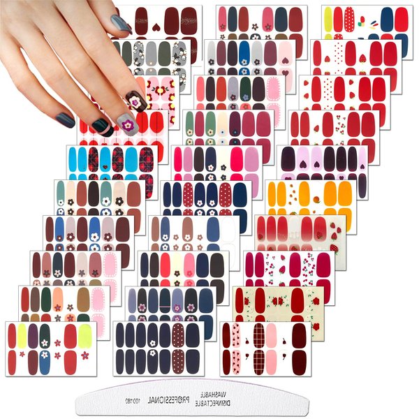 XEAOHESY 30 Sheets Colorful Nail Polish Strips Stickers Self-Adhesive Full Nail Wraps Decals Manicure Kit with Nail File for Women Girls Nail Art (Flower Series)