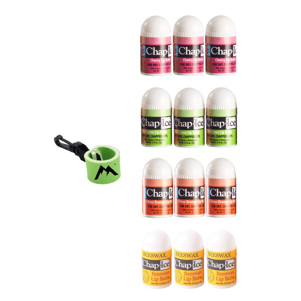 Chap-Ice® | 12-Count Assorted Mini Lip Balm Pack & 1 Lip Balm Keychain with Swivel Clip | Made in USA | 4 Flavors - Cherry, Citrus Orange, Kiwi Lime, & Beeswax (0.10oz/3g Each)