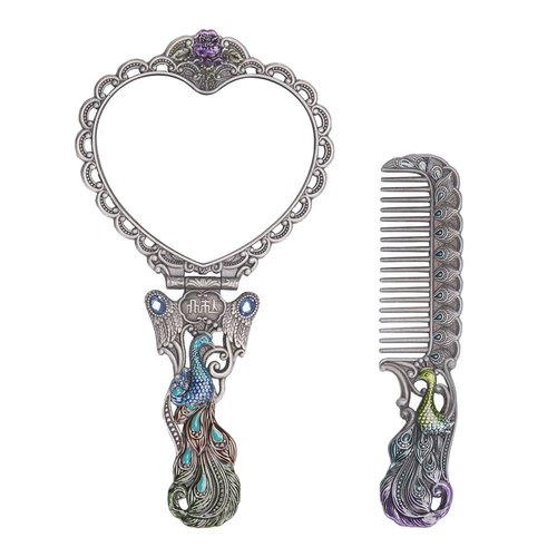 Nerien Vintage Peacock Metal Mirror Comb Set Antique Heart-shaped Handheld Vanity Mirror Comb Set Antique pewter