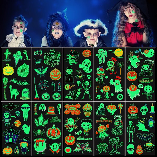 TOROKOM 10 Sheets Halloween Temporary Tattoos for Kids Glow in the Dark Tattoo Luminous Cartoon Tattoos Ghost Monster Skeletons Witch Halloween Kids Tattoo Stickers for Face Body Party Supplies
