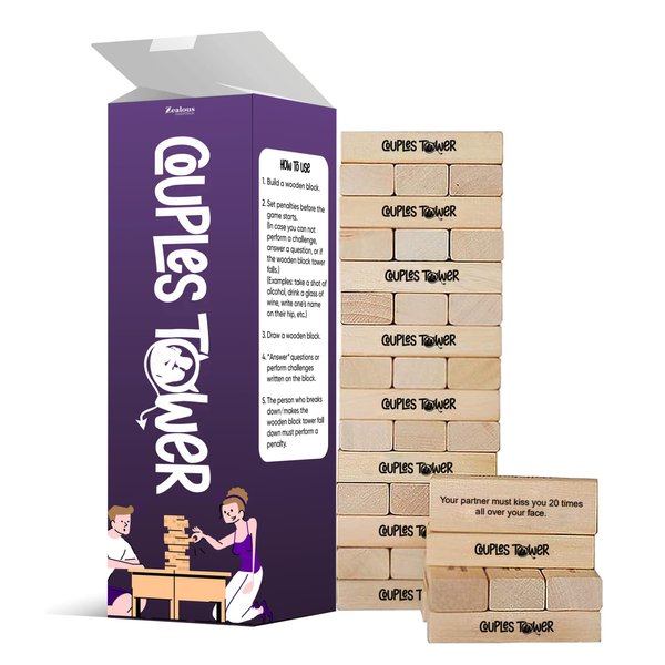 Couples Tower Questions & Dares - Naughty Stacking Wooden Block Game for Grown Ups – 54 Romantic & Engaging Questions – Exciting, Pleasing, & Funny Challenges - Make Date & Game Night Fun w/ 54 Pieces