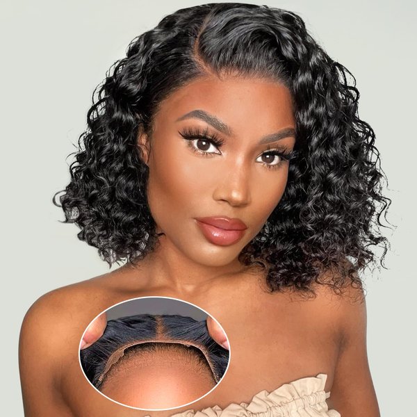 Eyefanniy Glueless Wigs Human Hair pre plucked Pre Cut Short Curly Bob Lace Front Wigs for Black Women 4x4 Lace Closure Glueless Wig with Elastic Band for Beginners 200% Density 10 Inch
