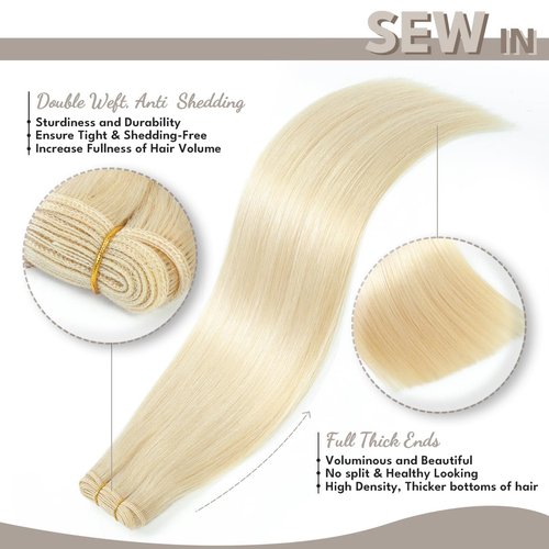 Jerriess Sew in Hair Extensions Real Human hair, Anti Shedding Double Drawn Weft Hair Extensions human hair, Silky Soft &Thick Ends Human hair extensions sew in, 100g Straight Platinum Blonde, 22 inch
