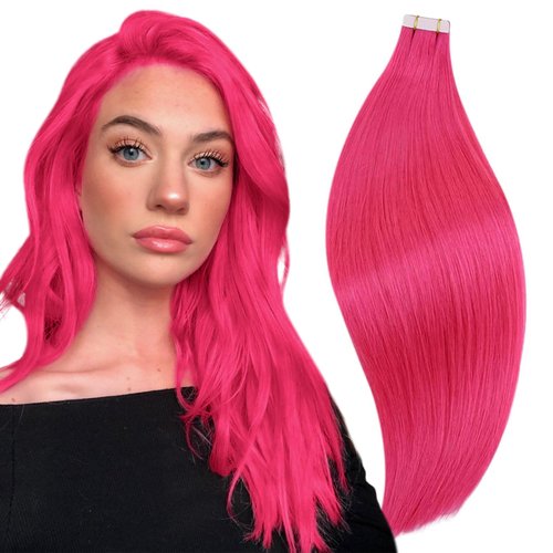 RUNATURE Hot Pink Tape ins Human Hair Extensions Colored Tape in Hair Extensions Human Hair Pink Tape in Extensions Real Human Hair 14 Inch Invisible Seamless Skin Weft 25g 10pcs