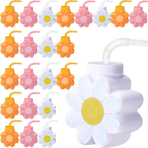 Domensi 24 Pcs Daisy Themed Party Favor Gift Supplies Daisy Flower Cups with Lids and Straws,10 oz Daisy Flower Plastic Cups for Daisy Birthday Party, Wedding Baby Shower Party Decorations Supplies