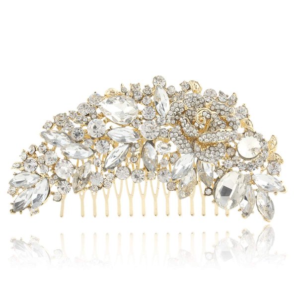 EVER FAITH Austrian Crystal 5 Inch Wedding Bridal Rose Flower Leaf Hair Comb for Woman Clear Gold-Tone