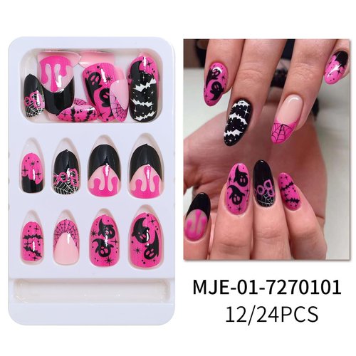 Halloween Press on Nails Medium Almond - Pink Black French Fake Nails Pink False Nails Press ons With Ghost Bat Spider Web Design Full Cover Acrylic Nail Tips Glue on Nails for Women Girl 24Pcs