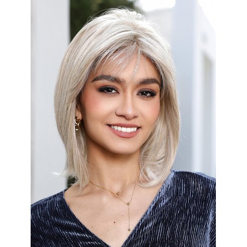 DWY Blonde Lace Front Wig with Bangs Layerd Monofilament Wigs for Women Heat Friendly Futura Synthetic Wigs with Bangs Natural Looking(Light Beige Blonde 12Inch)