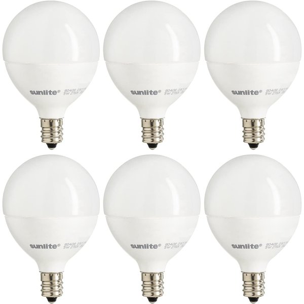 Sunlite 40296 LED G16.5 Globe Light Bulb, 5 Watts (40W Equivalent), 350 Lumens, Dimmable, Candelabra E12 Base, Short Bulbs, Vanity Bulbs, Energy Star Listed, Frosted, 6 Count