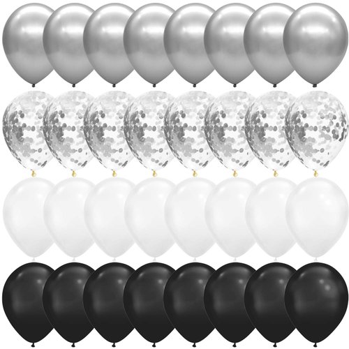 Tuoyi 100pcs Chrome Metallic Balloons,12 Inch Black White and Silver Balloons, Confetti Balloons for Wedding Engagement Black Party Decorations, Birthday Balloons