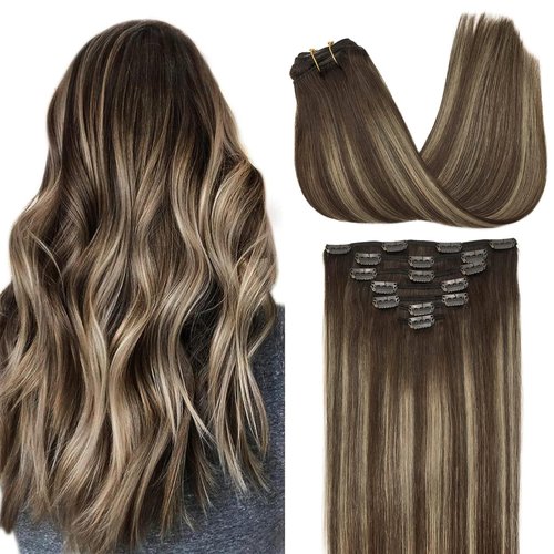GOO GOO Clip in Hair Extensions Real Human Hair, Remy Human Hair Extensions Clip ins for Women, Natural Human Hair, 16inch 120g 7Pcs, 4/26/4 Balayage Chocolate Brown to Honey Blonde