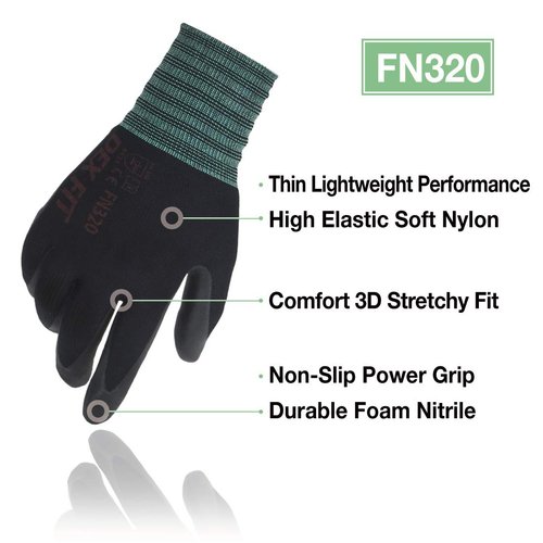 DEX FIT Premium Nylon Work Gloves FN320 - Firm Nitrile Grip, 3D-Comfort Stretchy Fit, Thin & Lightweight, Protective & Durable, Breathable, Machine Washable; Black 8 (M) 3 Pairs