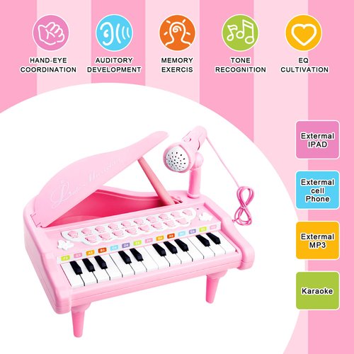Love&Mini Pink Piano Toys for 1+Years Old Girls First Birthday Gifts Toddler Piano Music Toy Instruments with 24 Keys and Microphone