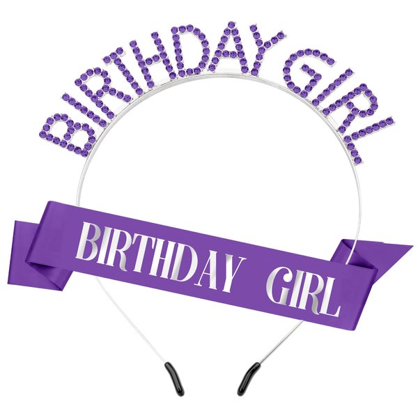 Birthday Sash Birthday Crown for Women, Birthday Girl Sash, Birthday Girl Crown, Purple Birthday Sash and Crown Rhinestone Headband Set, Happy Birthday Girl Princess Tiara Sash Accessories Gifts