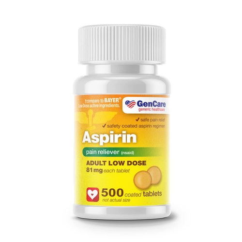 GenCare - Low Dose Aspirin 81mg for Adults Coated (NSAID) 500 Tablets | Adult Low Dose | Enteric Coated Aspirin Pills | Muscle Pain & Menstrual Pain Relief | Fever Reducer | Generic Bayer
