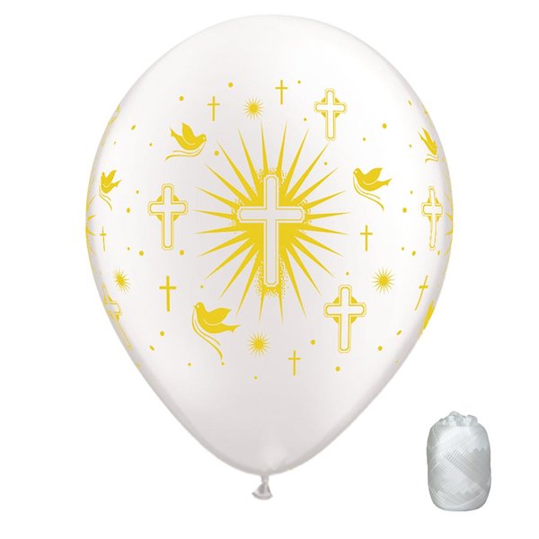 10 Pack 11" Gold Cross and Doves Latex Balloons with Matching Ribbons