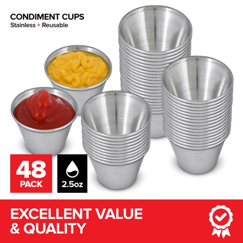 2.5 oz Stainless Steel Condiment Cups (48 Pack), Individual Portion Dipping Sauce Cups, Small Metal Ramekins for Ketchup, Marinara, BBQ Sauce, and More! Reusable Condiment Cups for Restaurants