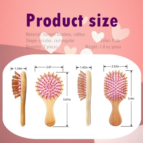 DakCik Mini Hair Brush, Natural Bamboo Air Cushion Kids Hairbrush, Travel Friendly Small Pocket Comb, Lovely Gift for Children, Girls, Ladies （2PCS） (pink)