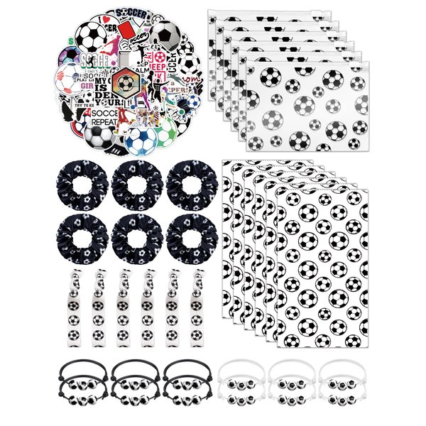 Orgcity 86 Pcs Soccer Party Favors Gifts for Team Include 6 Cosmetic Bag 6 Goodie Bags 6 Hair Scrunchies 6 Hair Ties 12 Bracelets 50 Stickers for Women Men Team
