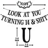 Black Glitter Look at You Turning 14 & Shit Banner, Happy 14th Birthday/Level 14 Unlocked/Cheers to 14 Years, Funny 14th Birthday Party Decorations Supplies