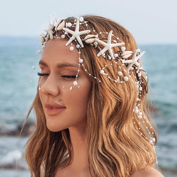 Unicra Starfish Headband Pearl Bride Wedding Hair Vine Shell Bridal Headpiece Beach Hair Accessories for Women and Girls (White Brown, Free Size)