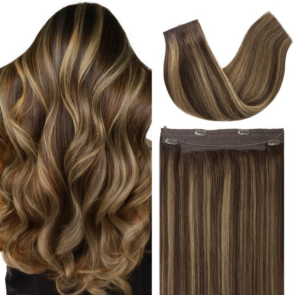 Anrosa Fish Line Invisible Hairpiece for Women Balayage Dark Brown to Chestnut Brown Extensions with Transparent Straight Real Human Hair Extensions 12 Inch 70G Wire Hair Extensions Adjustable Clips