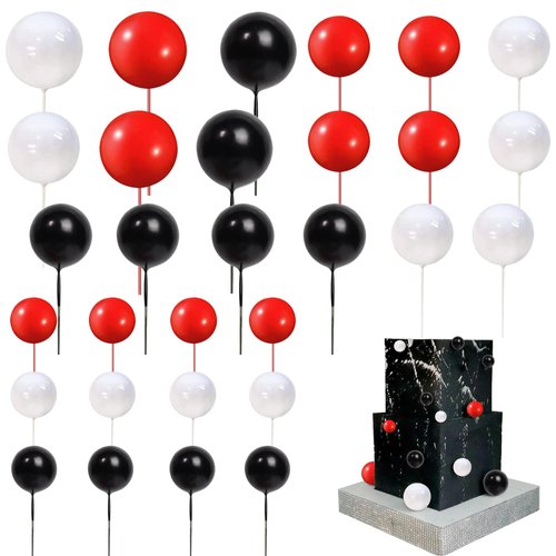 24 PCS Colorful Balls Cupake Toppers Mini Balloon Cake Toppers DIY Foam Ball Cake Insert Decoration for Wedding Anniversary Baby Shower Birthday Party Decorations Supplies Black White Red