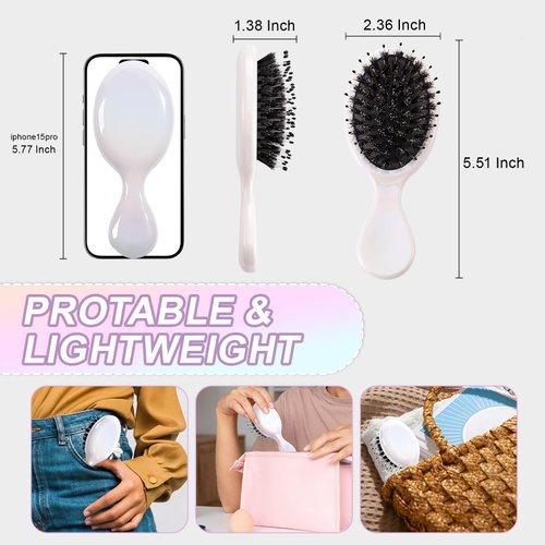 Jurrissa Mini Hair Bursh for Women,Men,Kids-Protable Travel Size Mini Detangler Brush for Pockets,Purses-Nylon&Boar Bristles Small Paddle Brush for Smooth,Add Shine (White)
