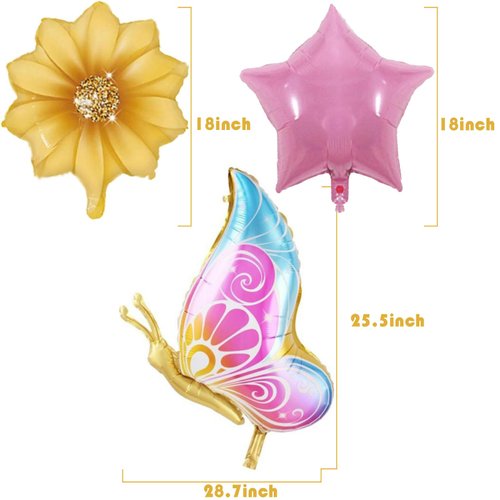 DIADARL Butterfly Foil Balloons Suit With Sunflower Pentagram Foil Balloons Baby Shower decorations Girl Birthday Party Butterfly Theme Birthday Party Supplies (5 PCS)