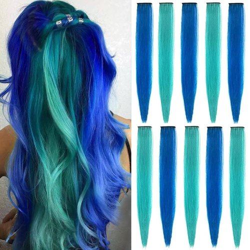 LADYAMZ Colored Hair Extensions 10 PCS, Teal and Blue Clip in Hair Extensions Party Highlights, Colorful Synthetic Hairpieces for Christmas Girls Women Kids Gifts Blue Teal Hair Accessories(22 In)