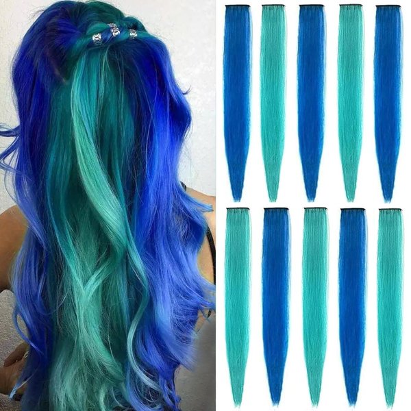 LADYAMZ Colored Hair Extensions 10 PCS, Teal and Blue Clip in Hair Extensions Party Highlights, Colorful Synthetic Hairpieces for Christmas Girls Women Kids Gifts Blue Teal Hair Accessories(22 In)
