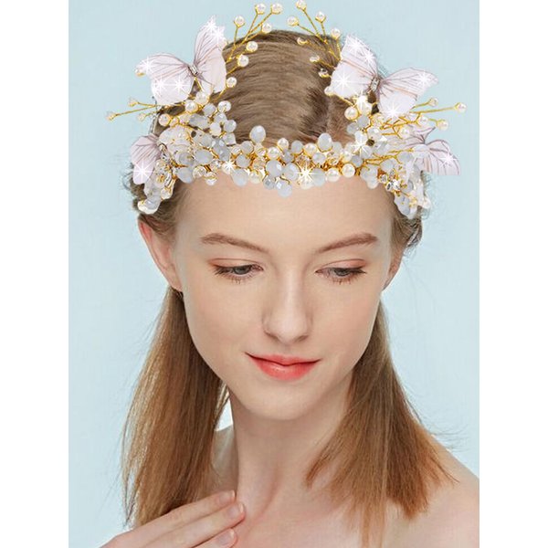 YBSHIN Butterfly Crown Headband Gold Rhinestone Hair Band Pearl Hair Hoop Crystal Headpiece Bridal Headwear for Women and Girls
