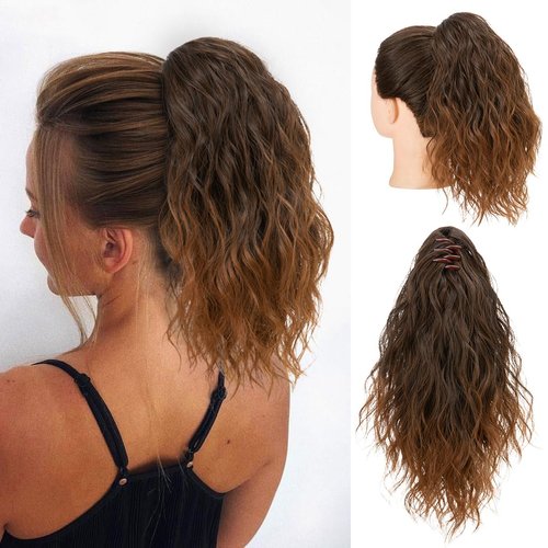 SARLA Claw Clip in Short Ponytail Extension 13 Inch Fluffy Synthetic Curly Wavy Pony Tail Hairpiece for Women Light Brown and Light Auburn Tips