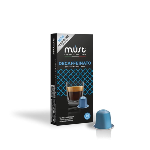 MUST, 100 Capsules Coffee in 100% Recyclable Aluminum, Decaffeinated Blend Intensity 3/8, 10 Packs of 10 Capsules, Compatible with Nespresso Machine, Made in Italy