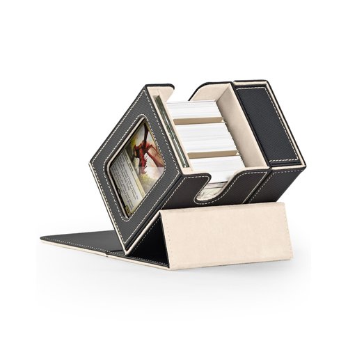 ZLCA MTG Deck Box, Commander Deck Box with Display Window, Card Deck Box Holds 100 Double-Sleeved Cards with Dice Tray & 35pt Magnetic Card Holder(Black& gold)