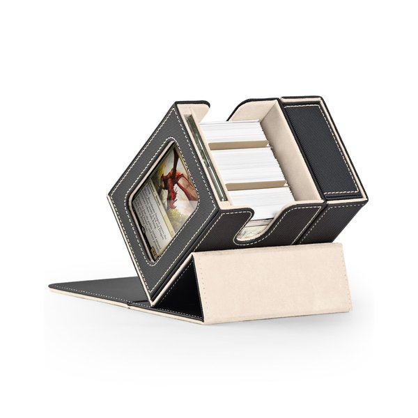 ZLCA MTG Deck Box, Commander Deck Box with Display Window, Card Deck Box Holds 100 Double-Sleeved Cards with Dice Tray & 35pt Magnetic Card Holder(Black& gold)