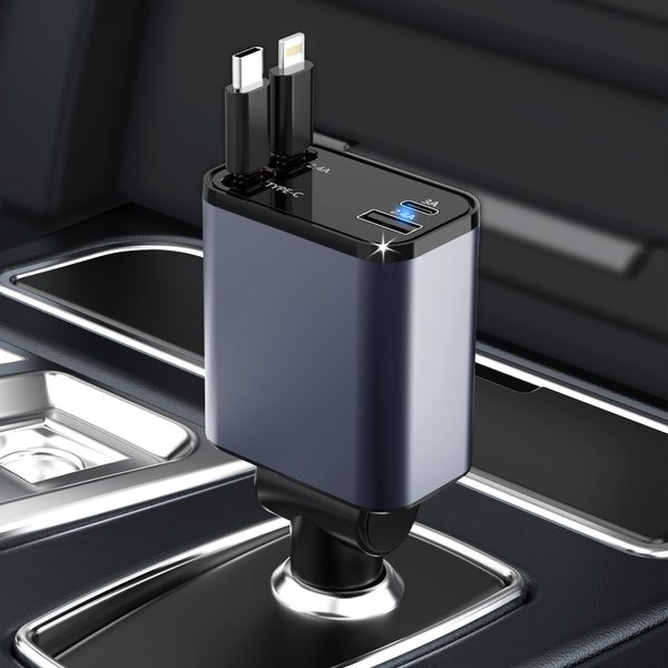 HOBBY COLIN Retractable Car Charger, 4 in 1 Fast Car Phone Charger Retractable Cord 80W, 31.4inch and 2 USB Ports Car Charger, Compatible with iPhone 15 Pro Max/14/12, Pixel, Galaxy,Pixel (Dark Grey)