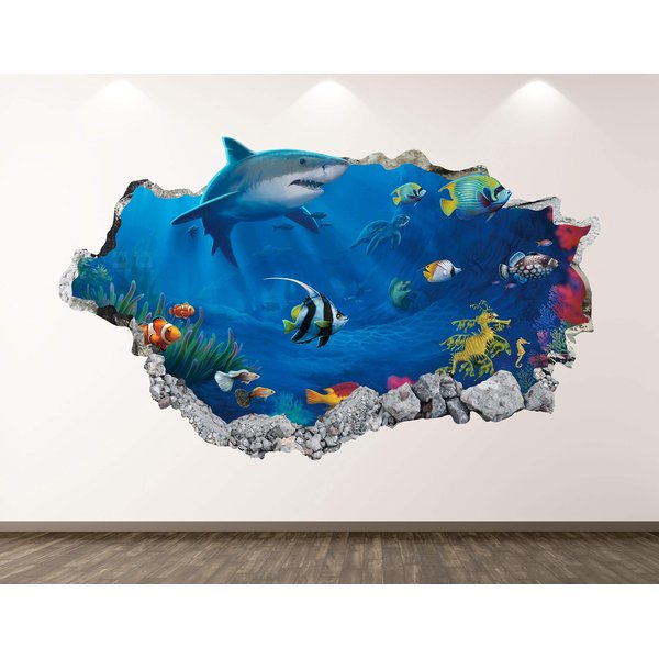 Shark Wall Decal Art Decor 3D Smashed Aquarium Sticker Poster Kids Room Mural Custom Gift BL130 (22"W x 14"H)