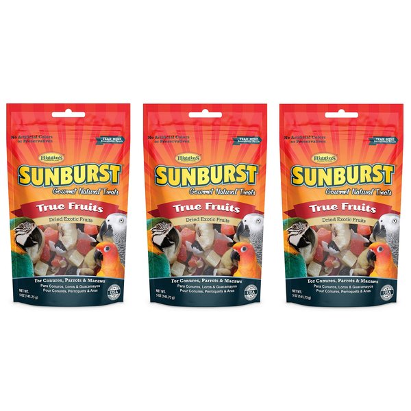 Higgins 3 Pack of Sunburst Gourmet Natural Bird Treats, 5 Ounces Each, True Fruits Flavor, for Conures Parrots and Macaws