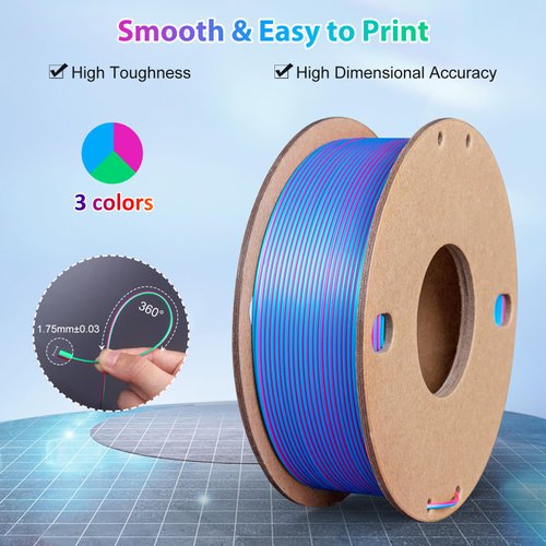 3Dgenius Silk PLA 3D Printer Filament Triple Color Silk PLA Filament 1.75mm 3D Printing Filament Fit Most FDM Printers, 250g Spool(0.55lbs), 3 in 1 Color Rose Red Sky Blue Green