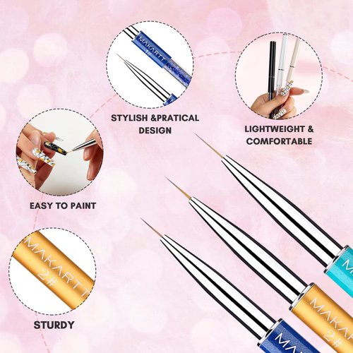Makartt Nail Art Brushes,Thin Liner Brush,3Pcs,Detail Design Pen Set Acrylic Nail Brush Gel Nail Painting Brush Nail Dotting Tool Nail Drawing Brush Kit Shiny Diamond Premium Handle Home DIY Salon Use