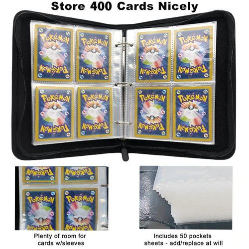Trading Card Binder 4 Pocket,400 Pockets Card Binder for Pokemon Cards with Zipper,50 Sleeves Card Holder Compatible with Standard Card,Sport Card,Game Card-Gift for Boy and Girl(4-Pockets, Black)
